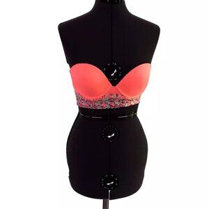 Victoria's Secret PINK Neon Orange Bustier Strapless Lace Underwire Bra Size 34C